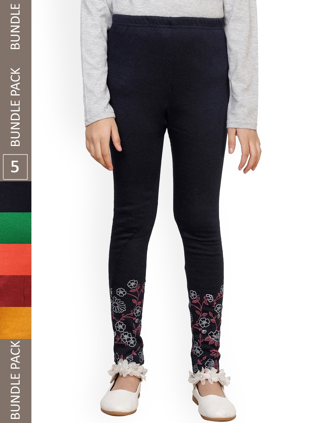 

IndiWeaves Girls Pack Of 5 Printed Woolen Ankle Length Leggings, Black