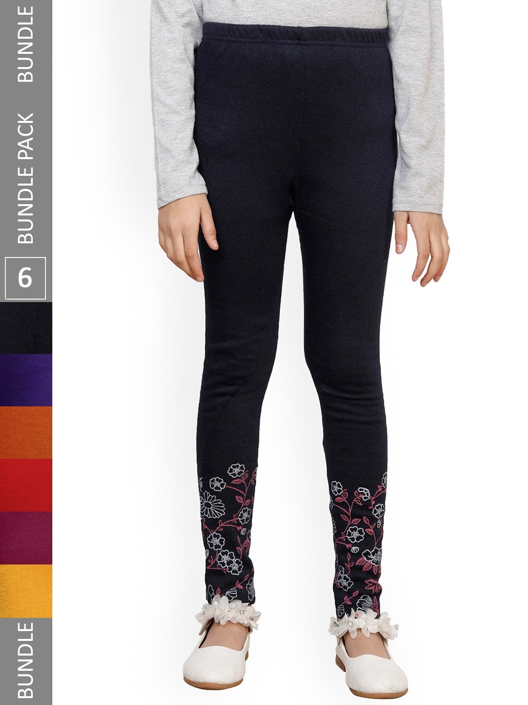 

IndiWeaves Girls Pack Of 6 Printed Woollen Ankle-Length Leggings, Navy blue
