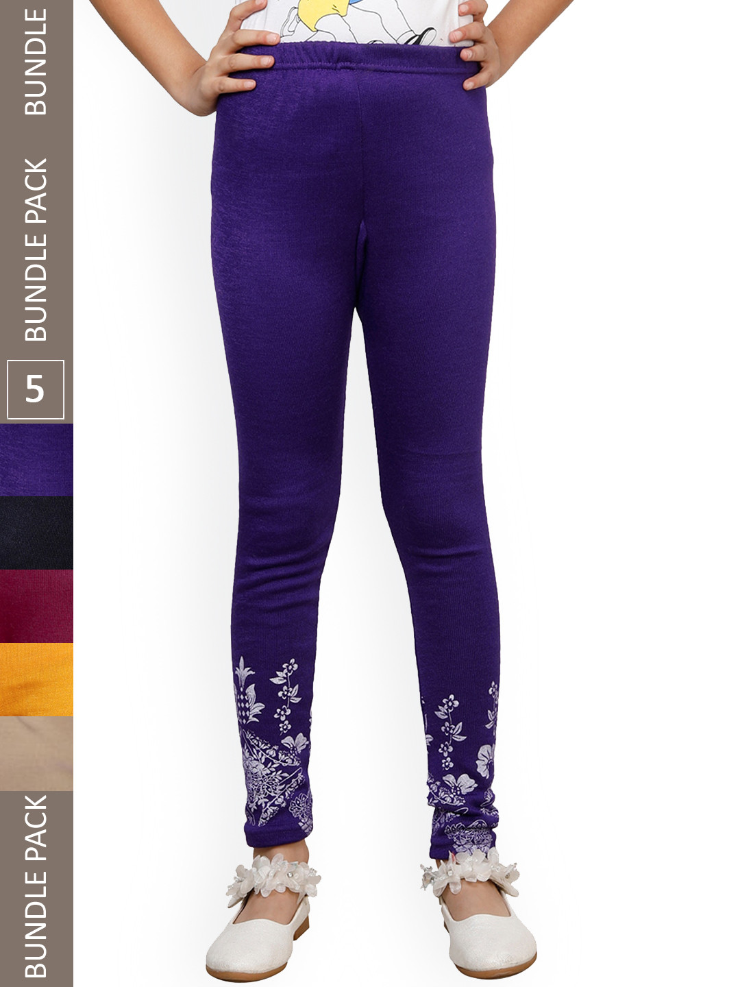 

IndiWeaves Girls Pack Of 5 Printed Ankle-Length Wool Leggings, Navy blue