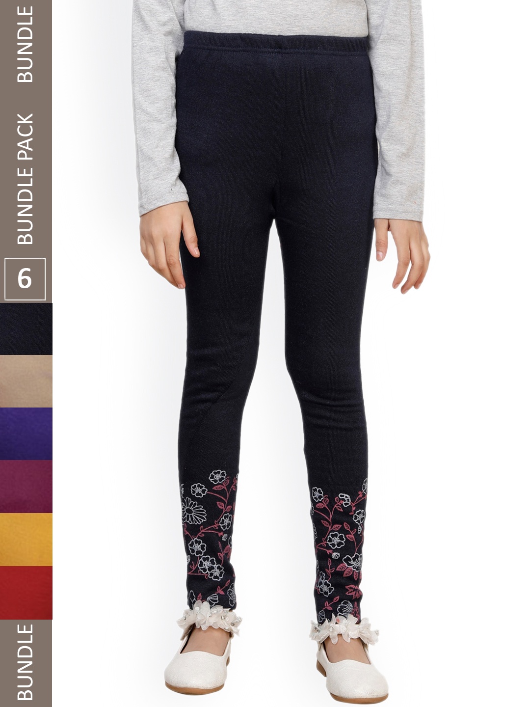 

IndiWeaves Girls Pack Of 6 Printed Super Warm Ankle-Length Wool Leggings, Beige