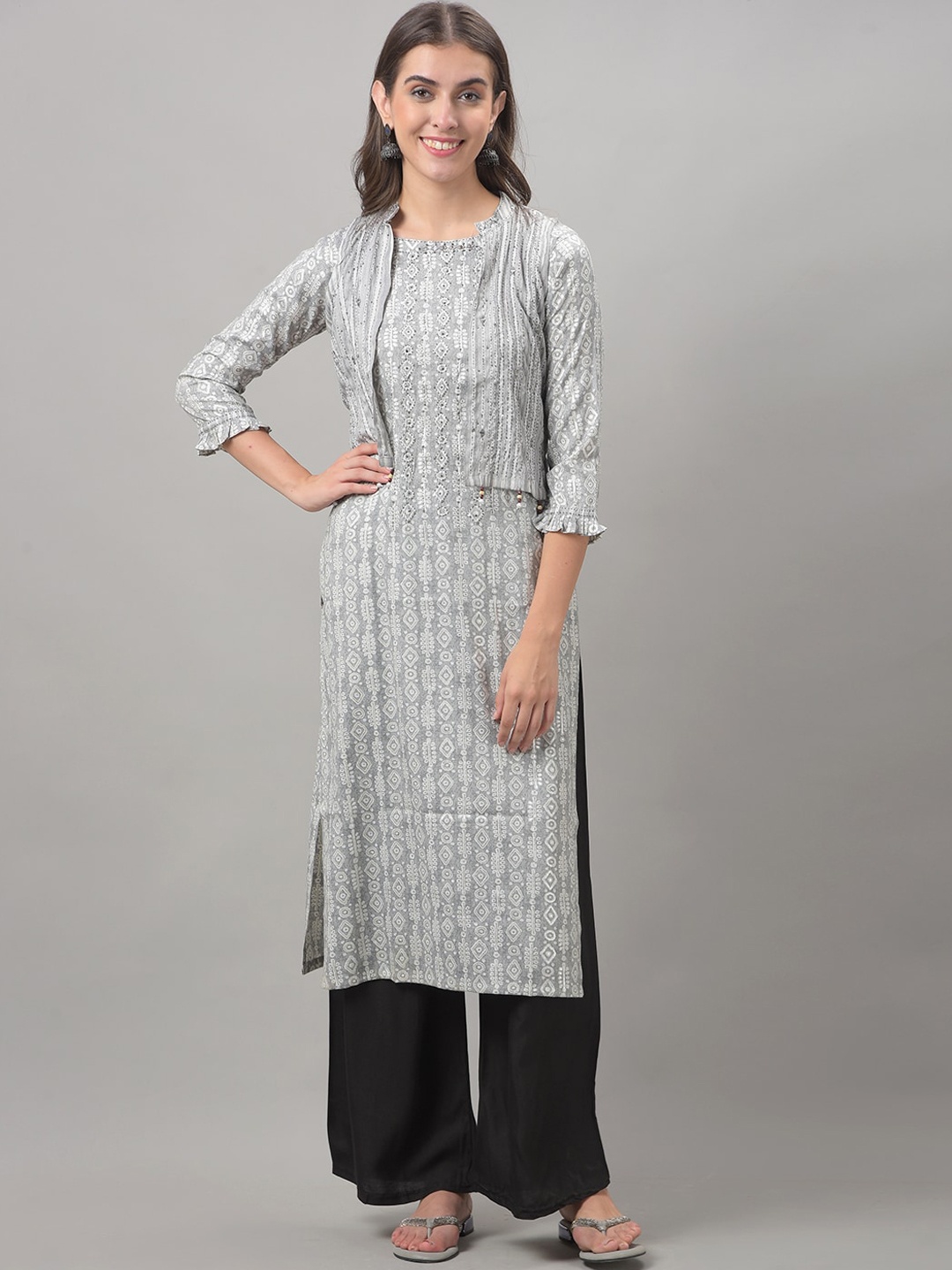

Dollar Missy Ethnic Motifs Printed Regular Kurta & Palazzos With Jacket, Grey