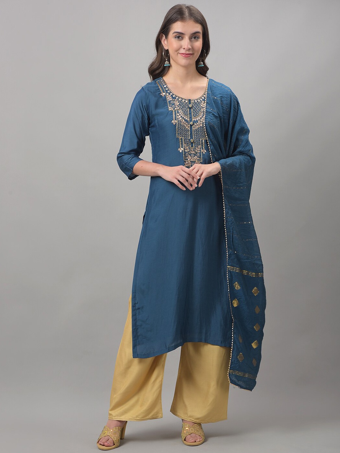 

Dollar Missy Ethnic Motifs Embroidered Beads and Stones Kurta With Palazzos & Dupatta, Blue
