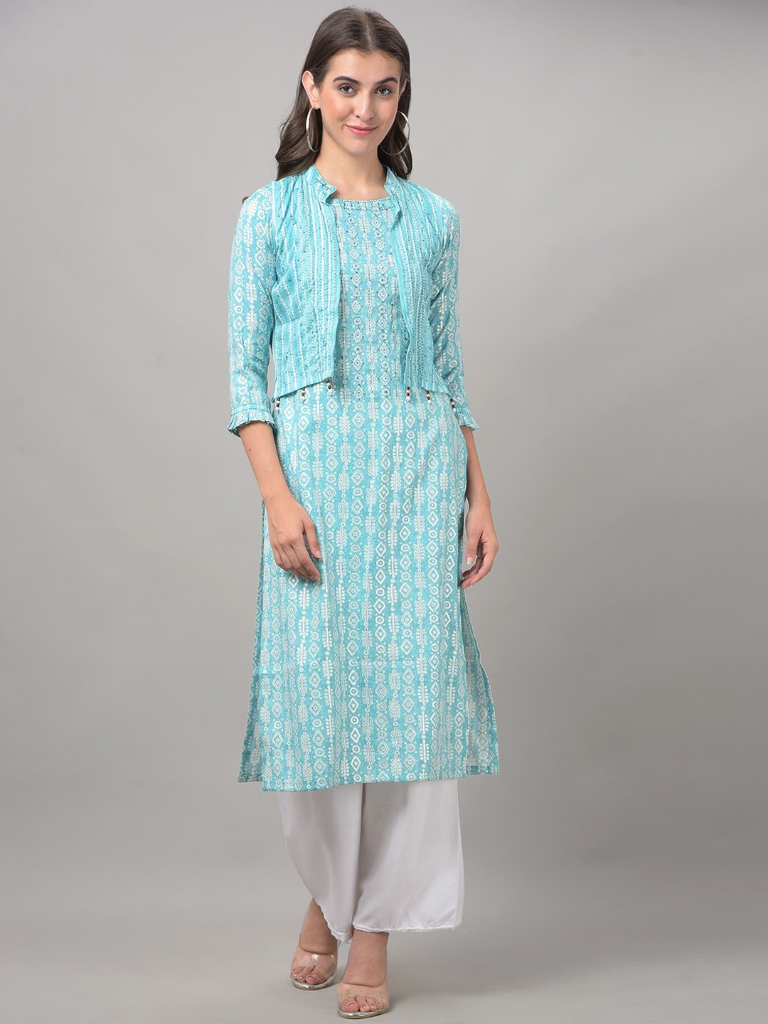 

Dollar Missy Ethnic Motifs Printed Regular Kurta & Palazzos With Jacket, Blue