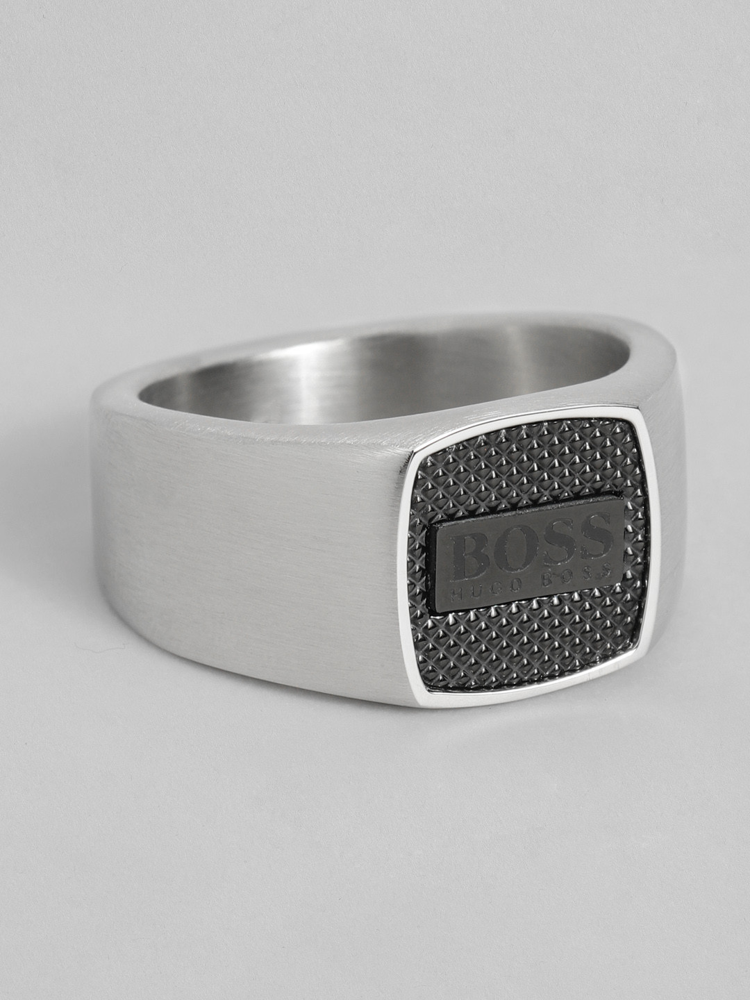 

Hugo Boss Men Seal Brand Logo Design Brass Plated Stainless Steel Finger Ring, Silver