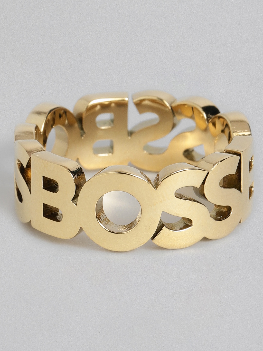 

Hugo Boss Men Kassy Brand Logo Design Brass Plated Stainless Steel Finger Ring, Gold