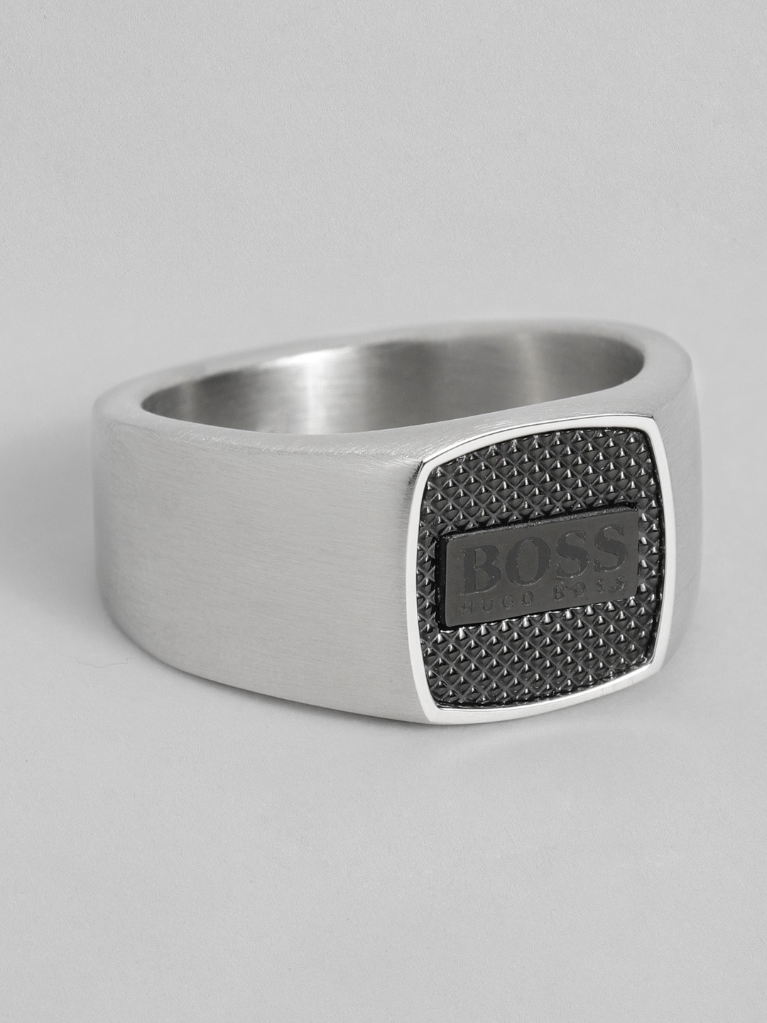 

Hugo Boss Men Seal Brand Logo Design Brass Plated Stainless Steel Finger Ring, Silver