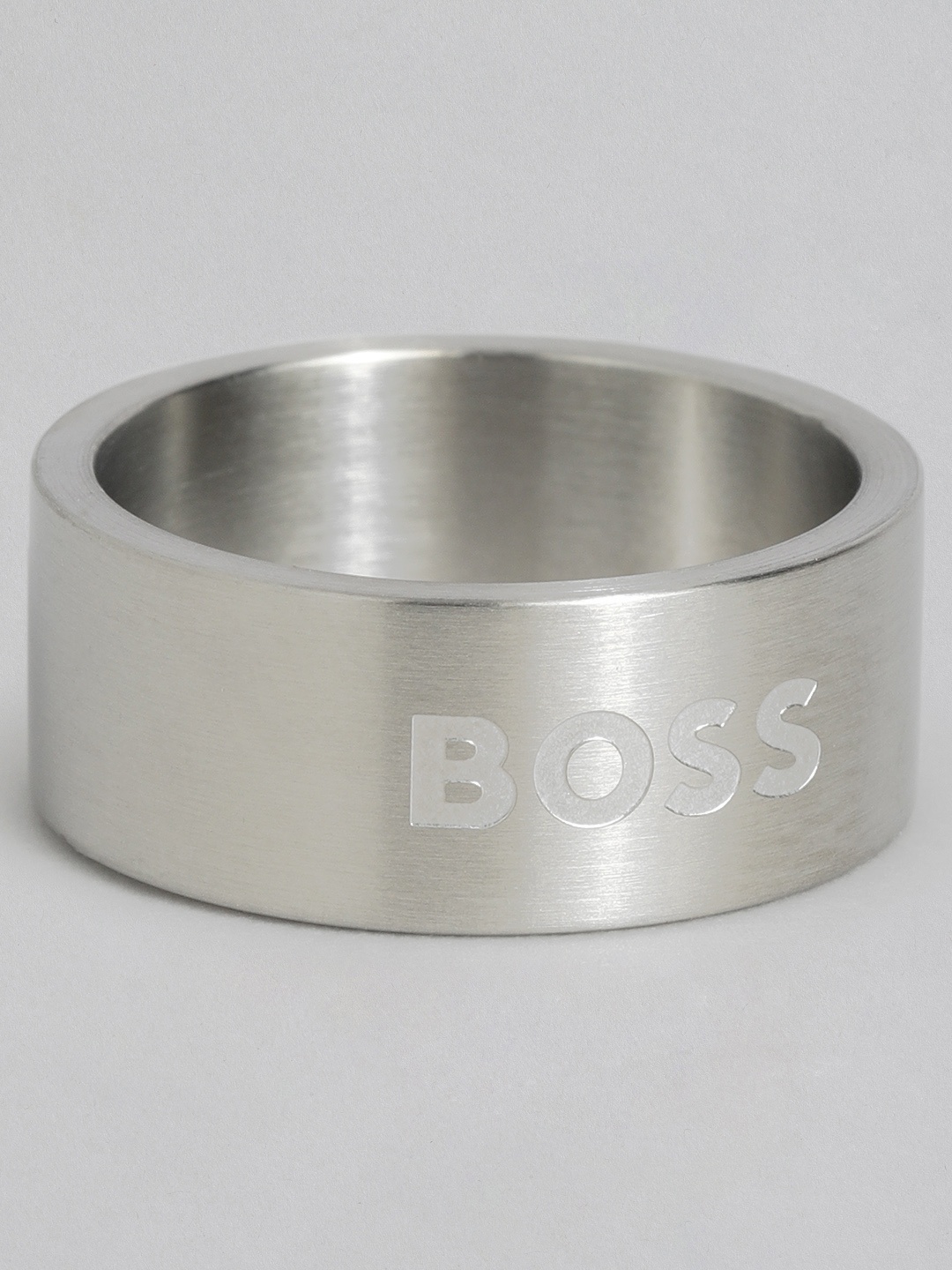

Hugo Boss Men Fuldo Brand Logo Debossed Brass Plated Stainless Steel Finger Ring, Silver