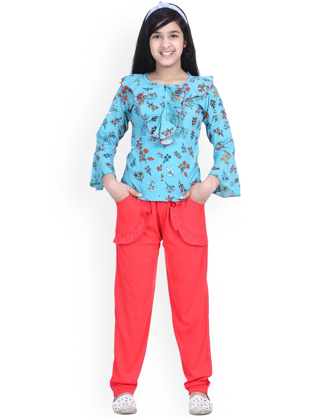 

Aj DEZInES Girls Printed Georgette Top & Trouser Set, Turquoise blue