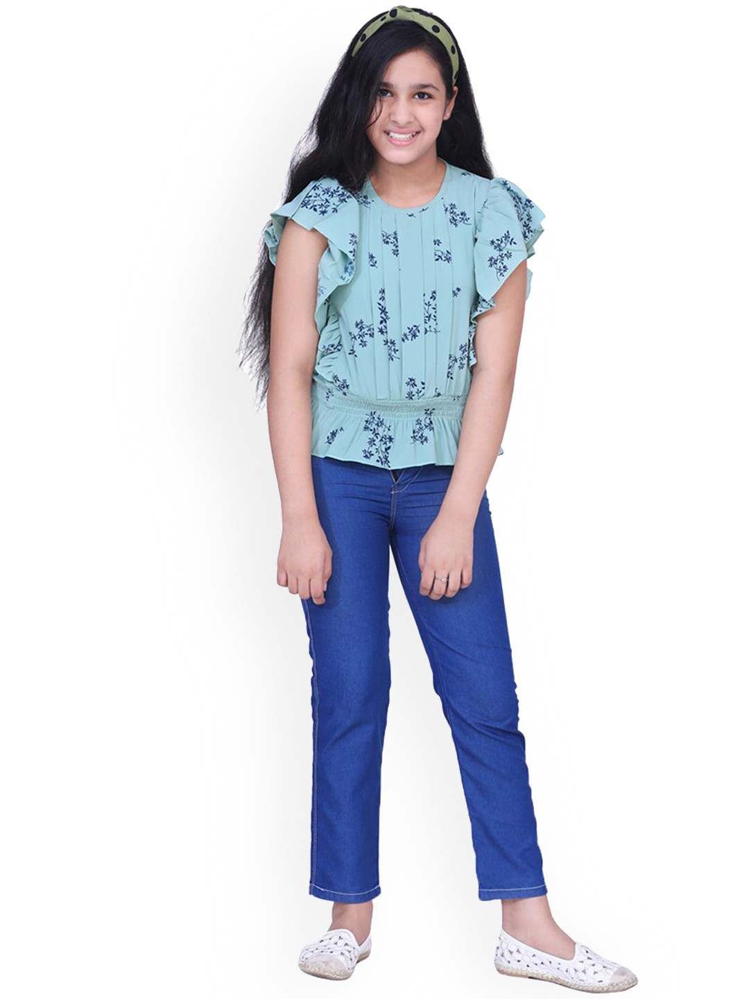 

Aj DEZInES Girls Printed Ruffled top & Jeans, Turquoise blue