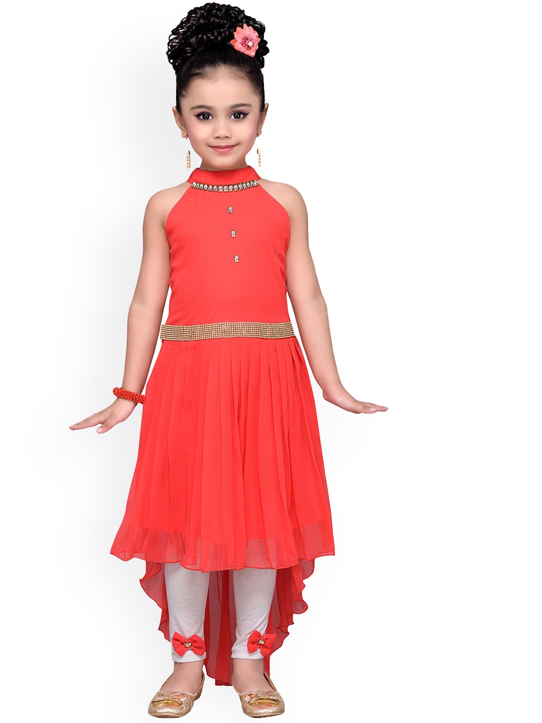 

AJ Dezines Girls High Low Knee Length Top With Leggings, Orange