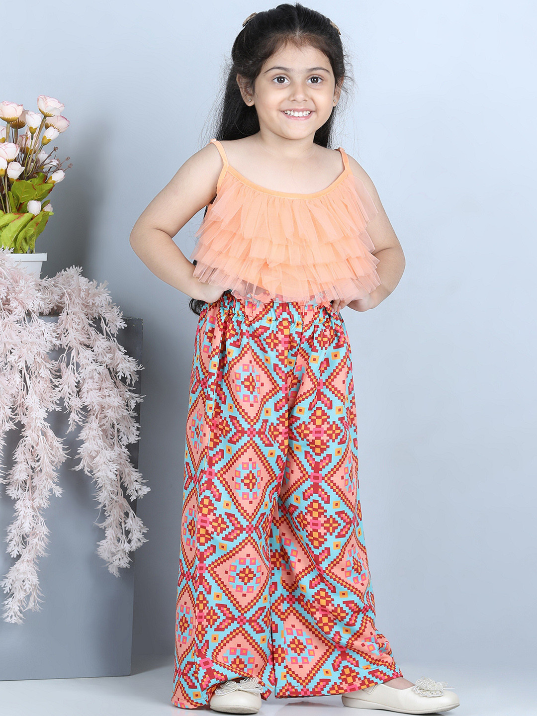 

Aj DEZInES Girls Crop Top & Printed Palazzo, Orange