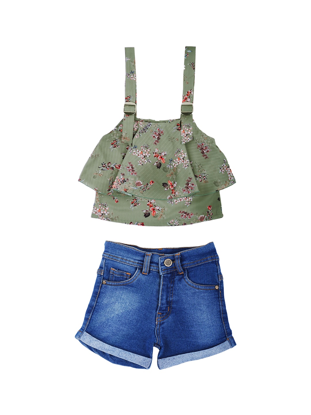 

Aj DEZInES Girls Floral Printed Top With Shorts, Green