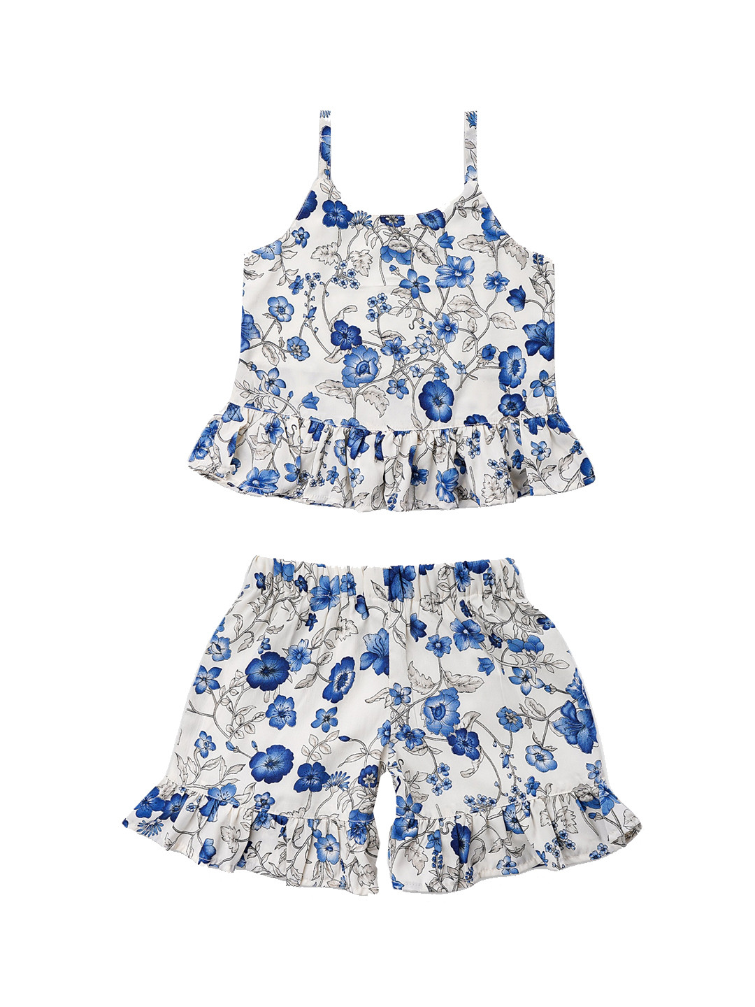 

Aj DEZInES Girls Floral Printed Shoulder Straps Georgette Top & Shorts Set, Blue