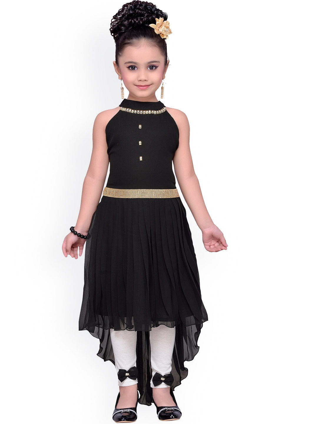 

Aj DEZInES Girls Empire Beads and Stones Kurta With Leggings, Black
