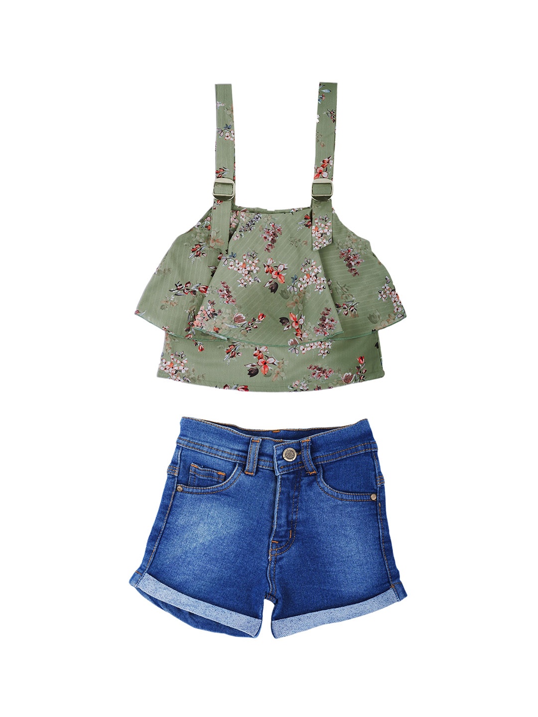 

Aj DEZInES Girls Printed Top With Shorts, Green