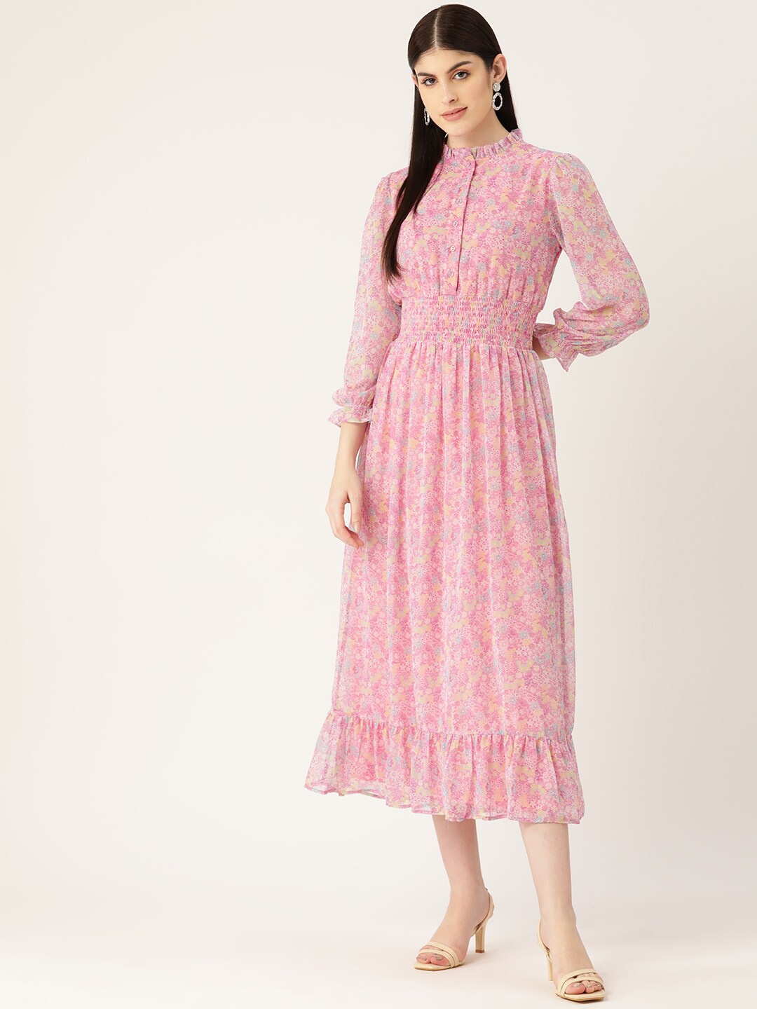 

DressBerry Pink Floral Print Puff Sleeve Fit & Flare Midi Dress