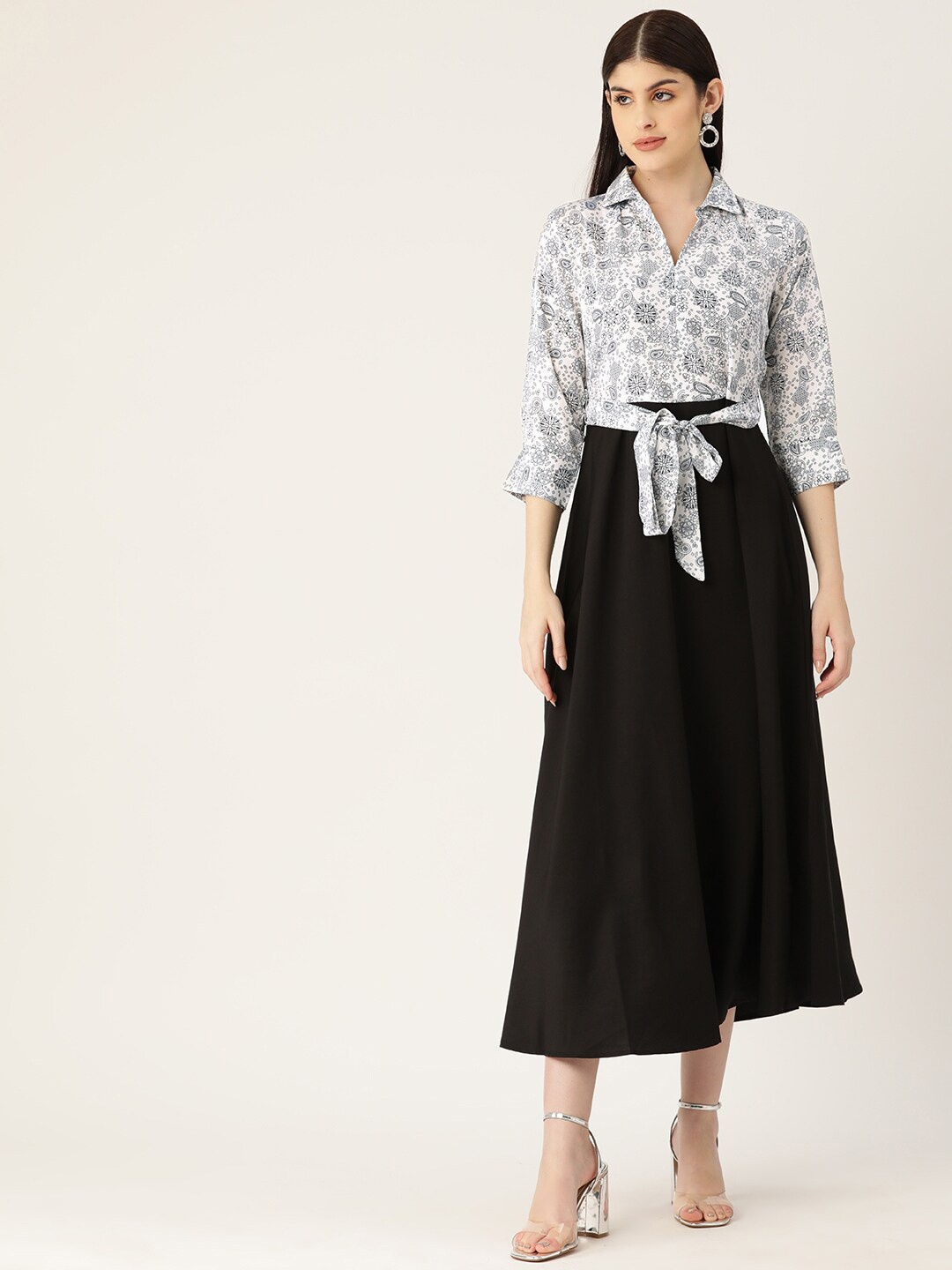 

DressBerry Black & White Ethnic Motifs Printed Fit & Flare Midi Dress