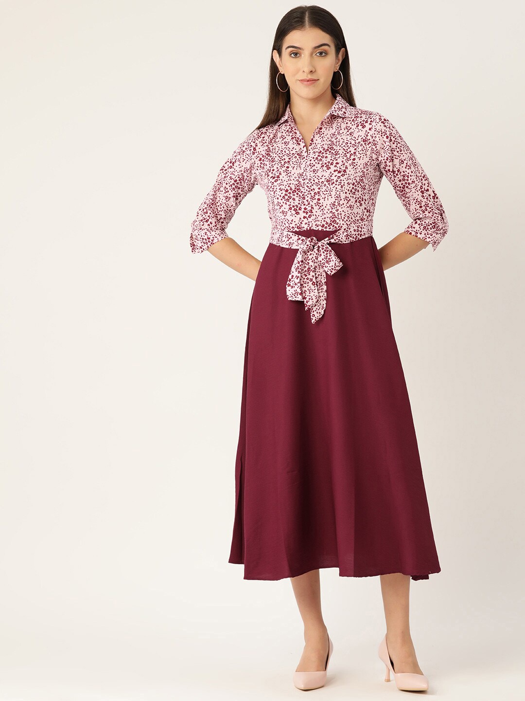 

DressBerry Maroon & White Floral Printed Shirt Midi Dress