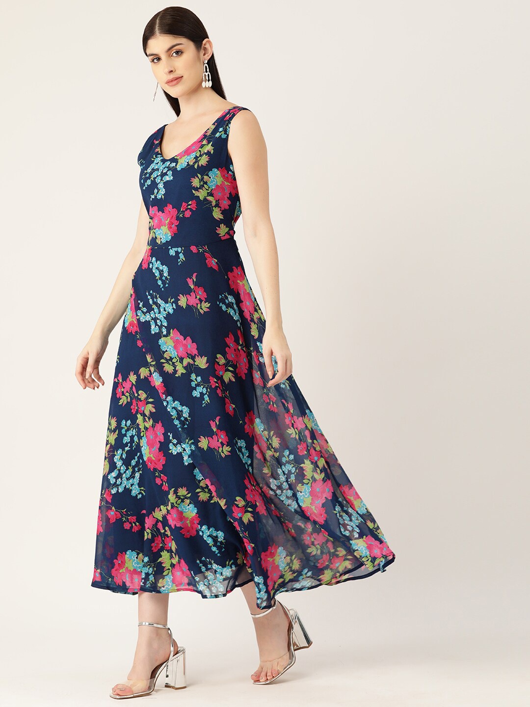

DressBerry Navy Blue & Red Floral Printed V-Neck Sleeveless Maxi Dress