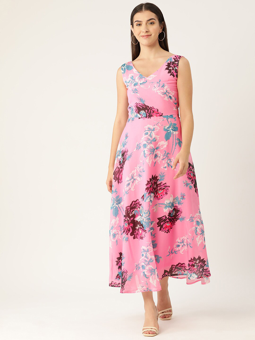 

DressBerry Pink, red & blue Floral Printed V-Neck A-Line Dress