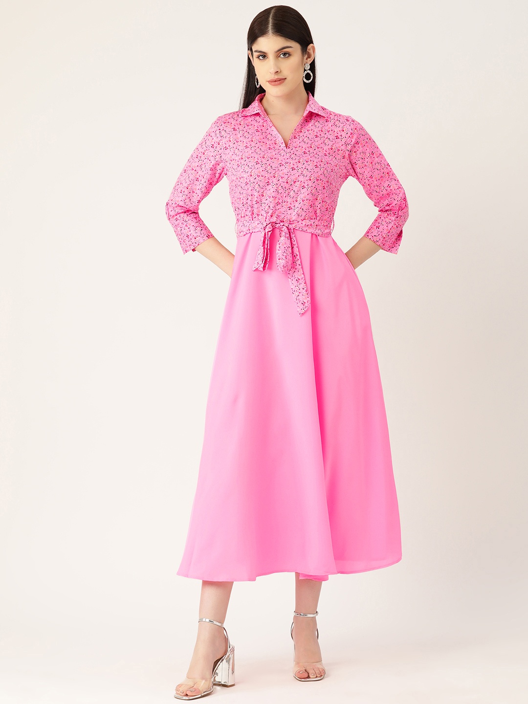 

DressBerry Pink Floral Printed Shirt Collar A-Line Midi Dress