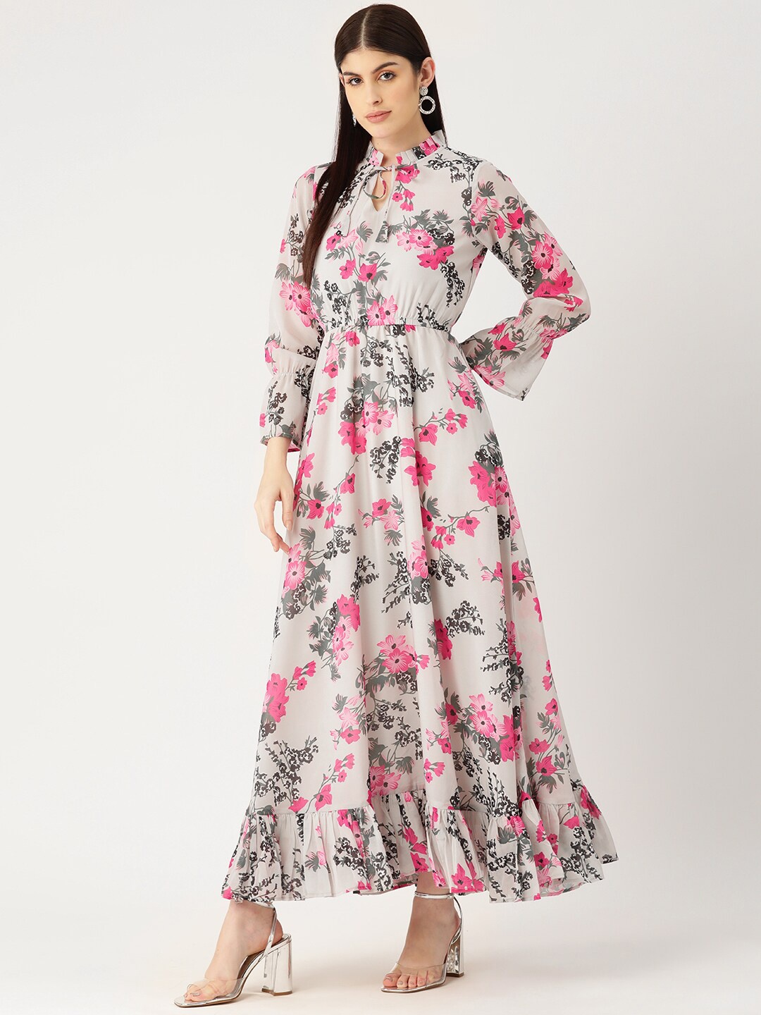 

DressBerry White & Pink Floral Printed Tie-Up Neck Georgette Maxi Dress