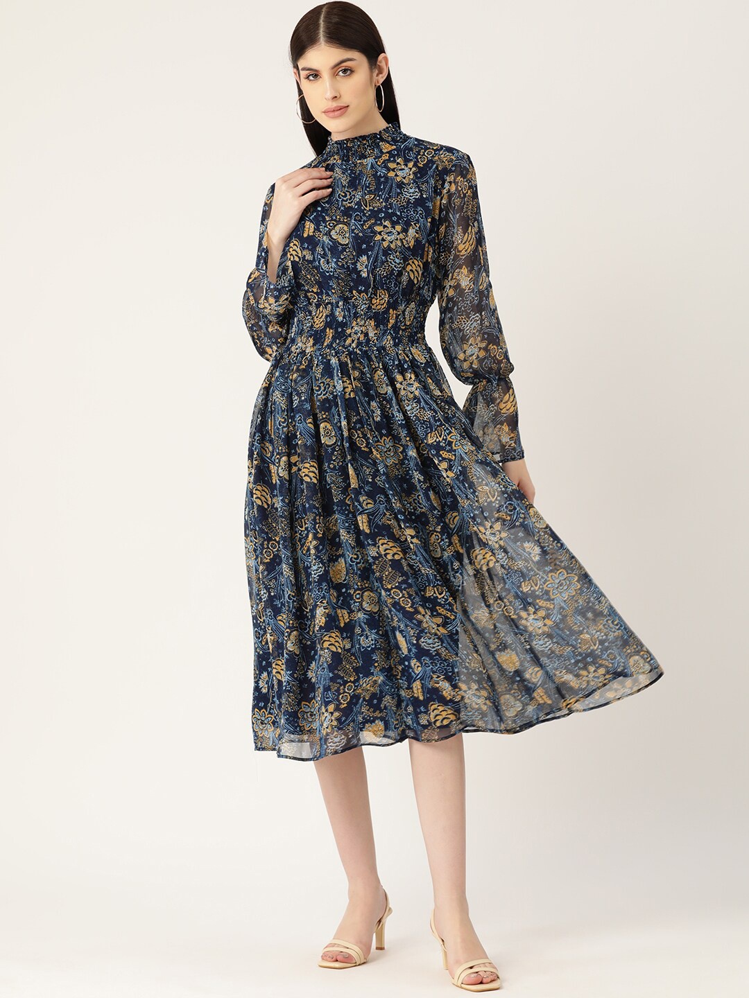 

DressBerry Navy Blue Floral Printed Smocked Georgette Fit & Flare Midi Dress