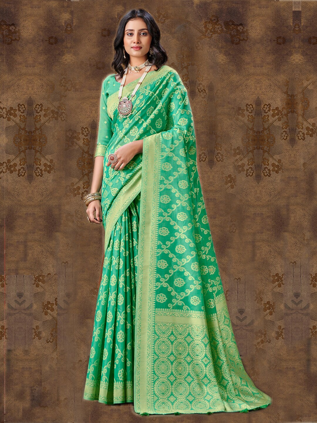 

Mitera Ethnic Motif Zari Banarasi Saree With Blouse Piece, Sea green