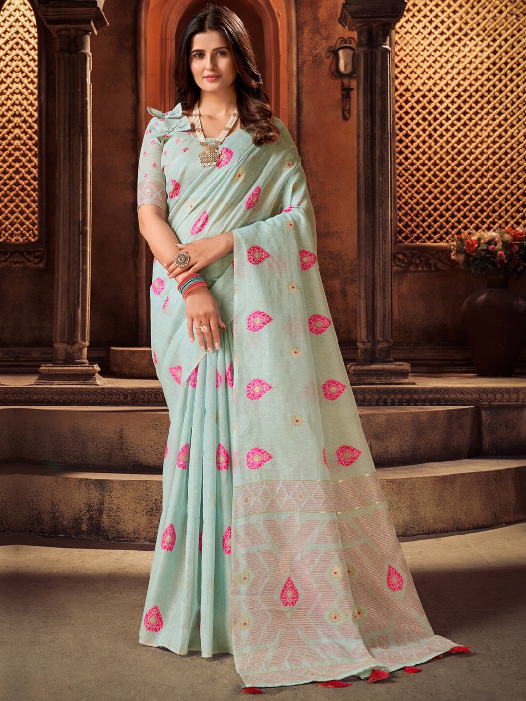 

Mitera Blue & Pink Woven Design Zari Banarasi Saree