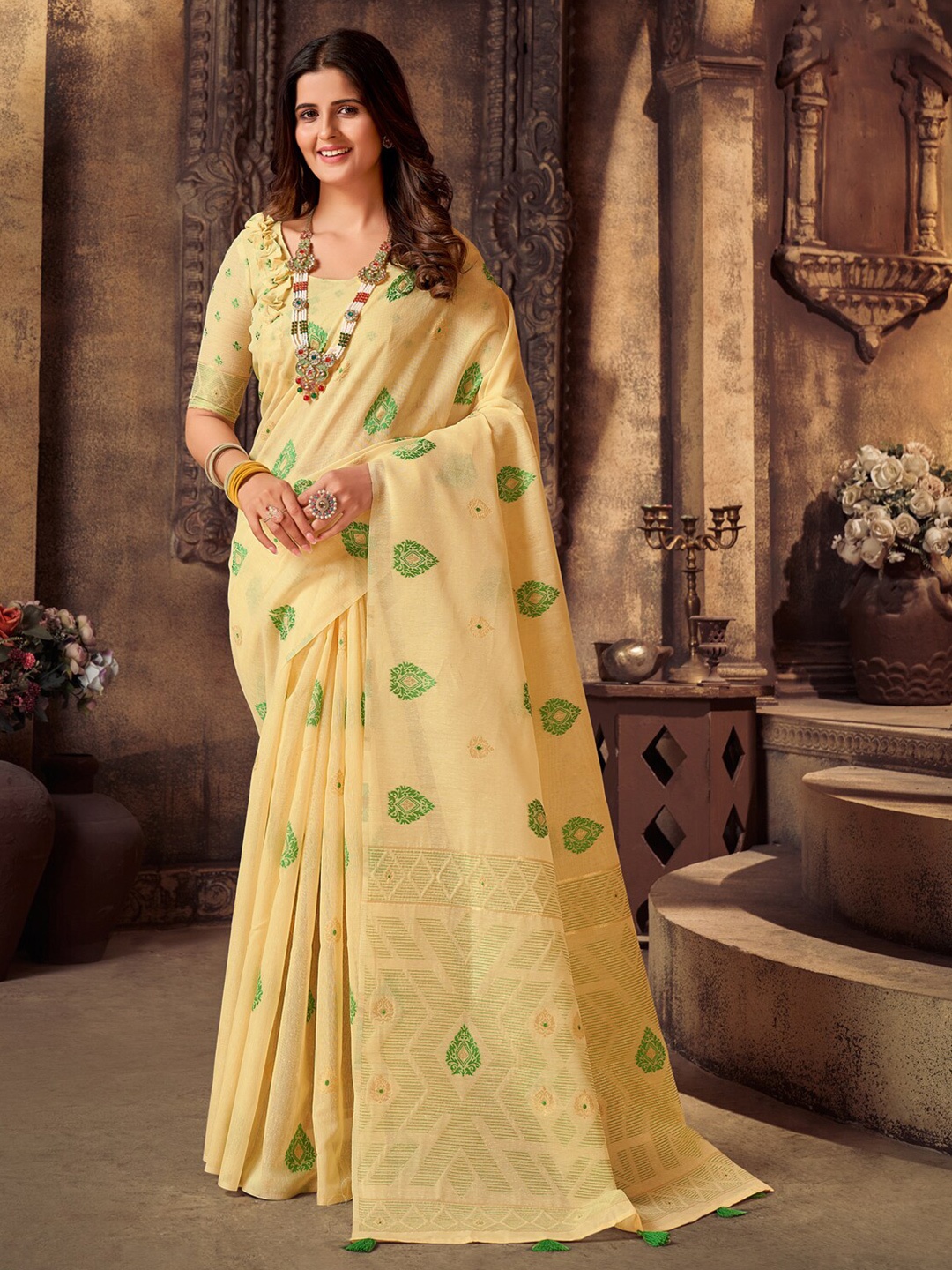 

Mitera Ethnic Motifs Woven Design Saree, Yellow