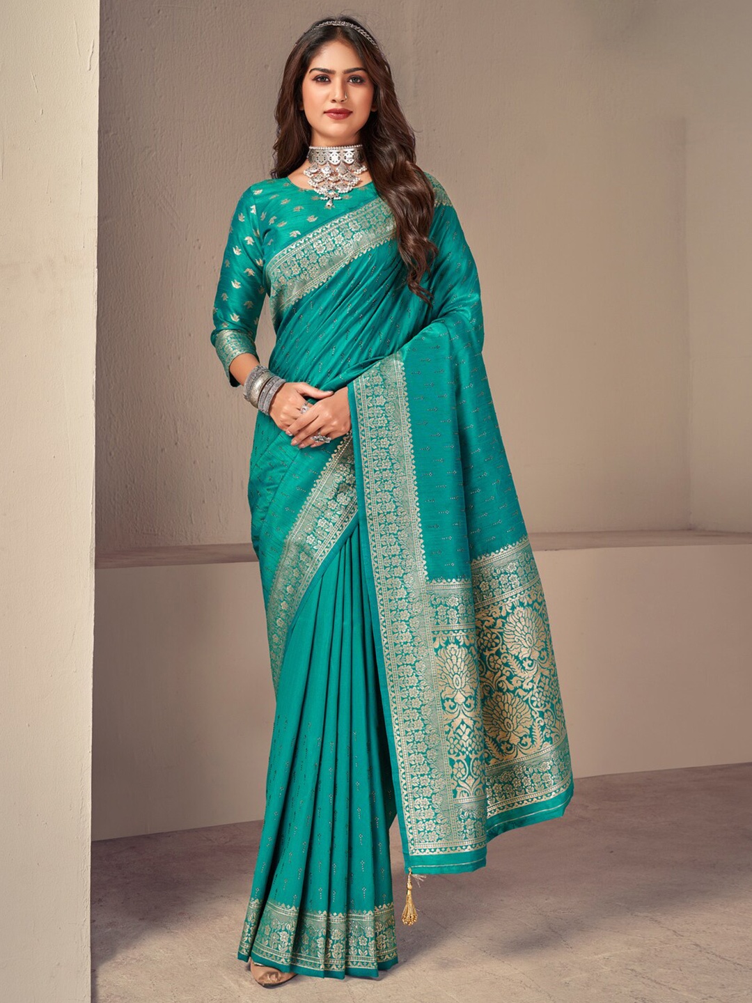 

Mitera Ethnic Motif Zari Silk Blend Banarasi Saree With Blouse Piece, Blue