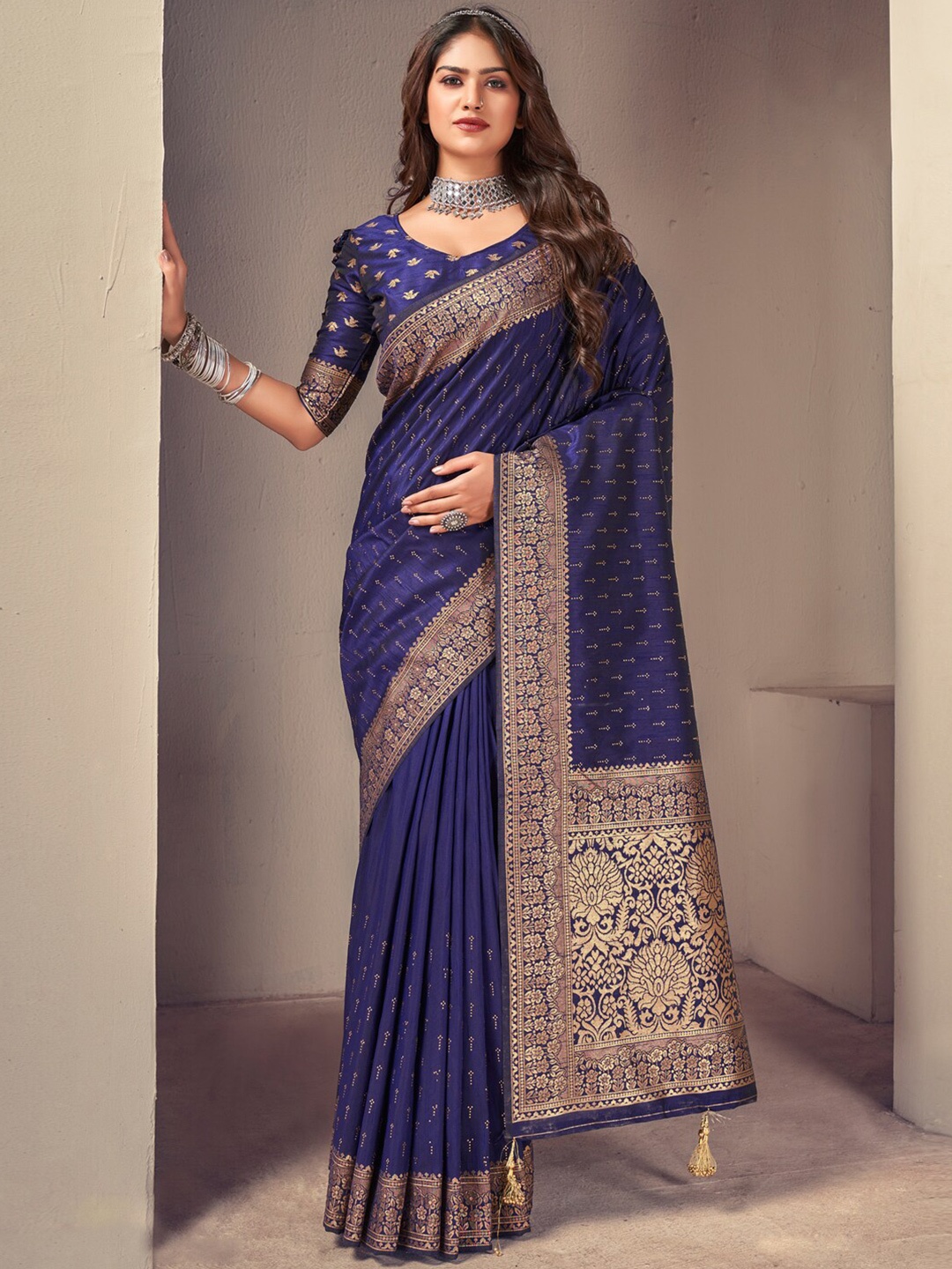 

Mitera Navy Blue Ethnic Motifs Woven Design Zari Banarasi Saree