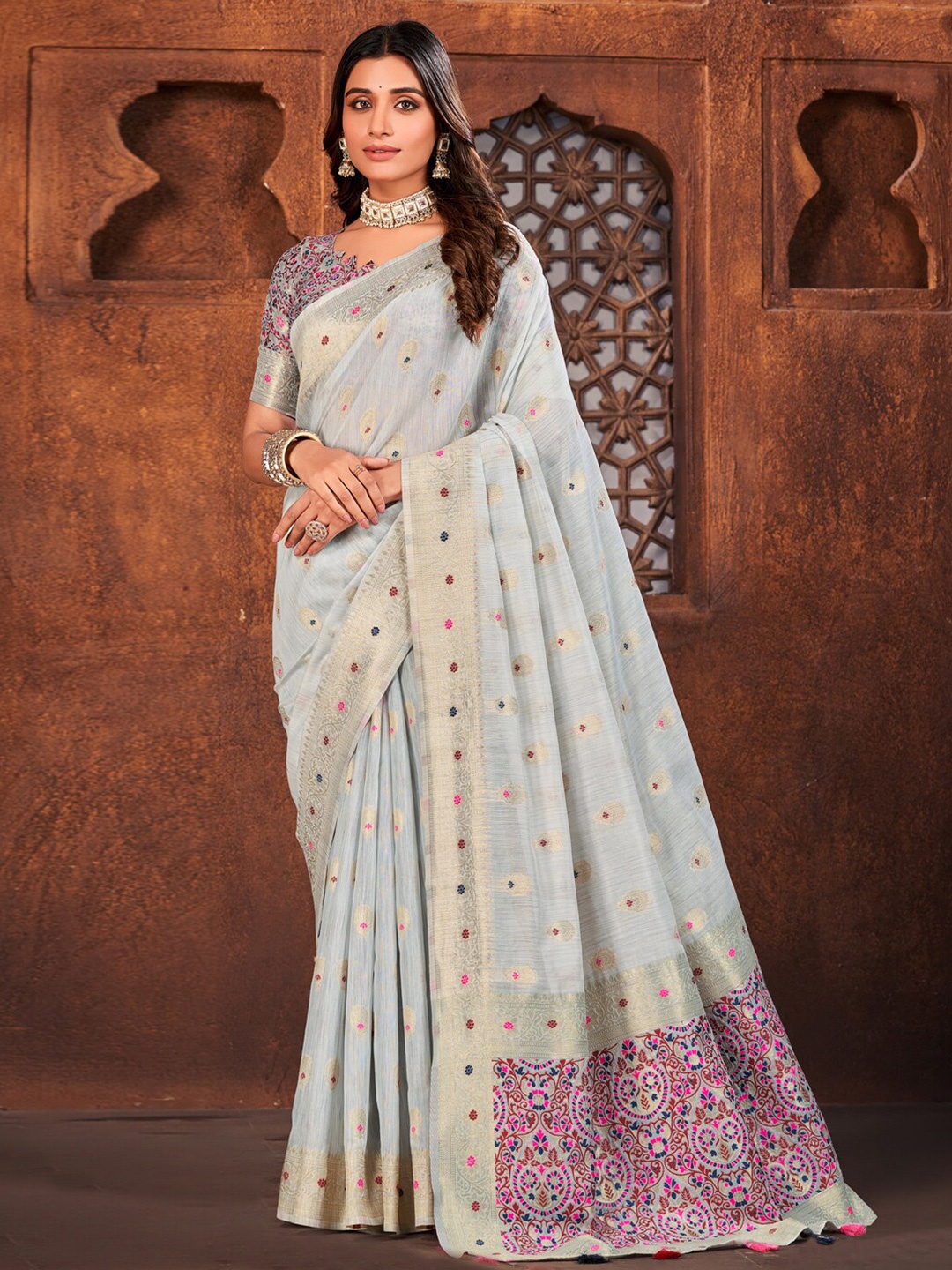

Mitera Woven Design Zari Banarasi Saree, Grey