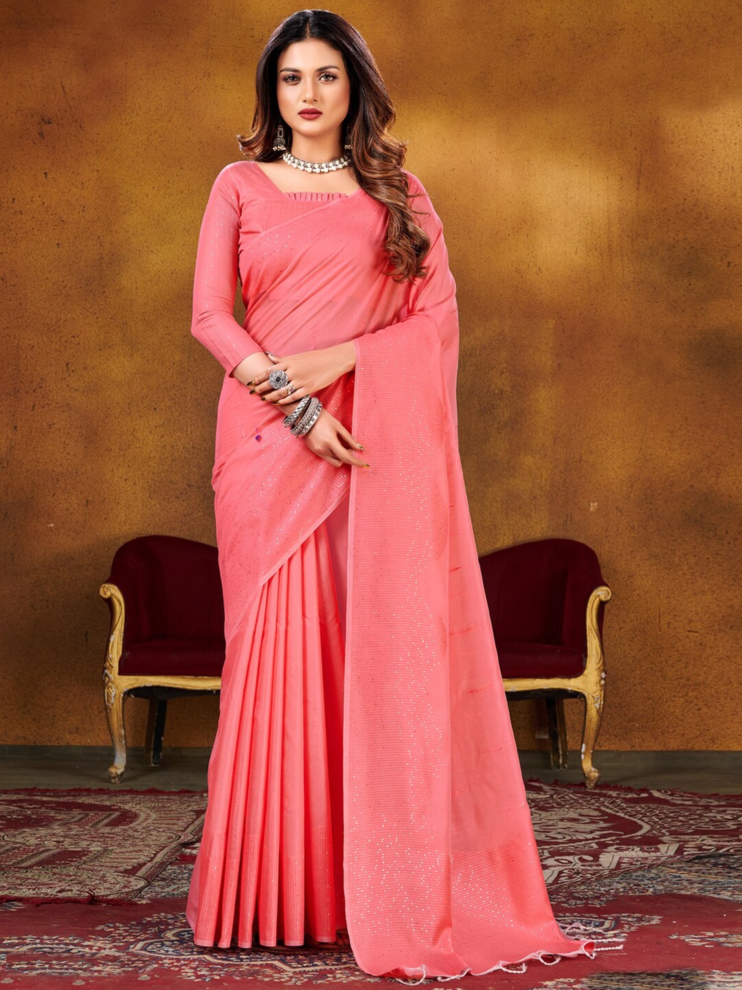 

Mitera Embellished Sequinned Cotton Blend Saree With Blouse Piece, Pink