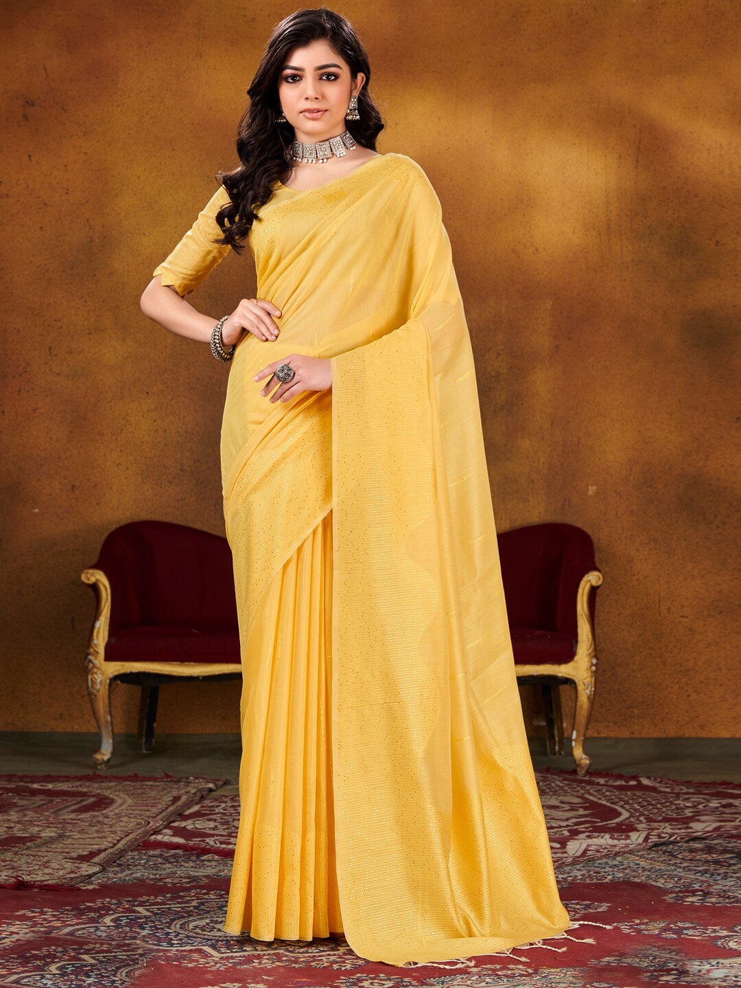 

Mitera Embellished Sequinned Saree, Yellow