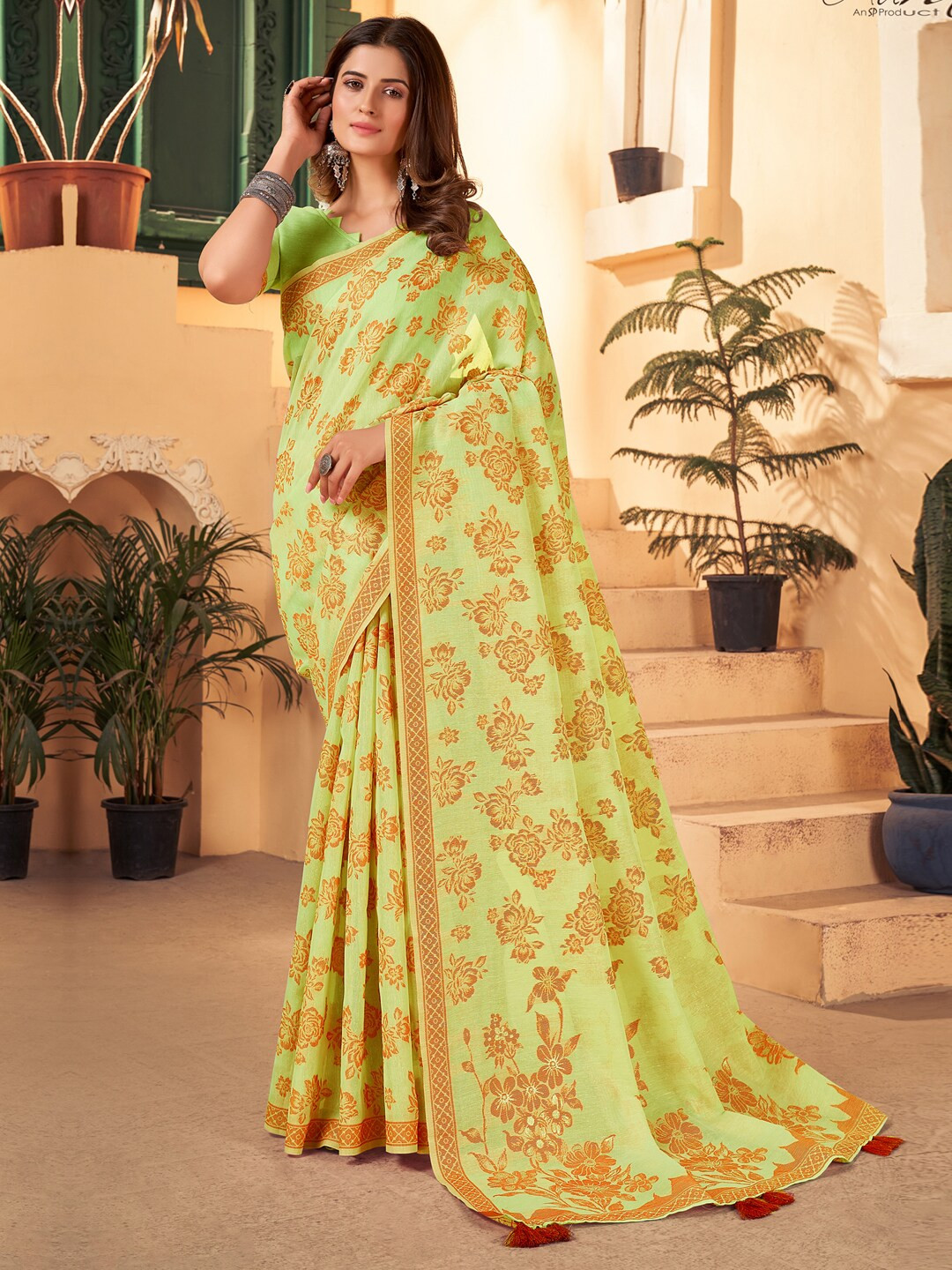 

Mitera Floral Woven Design Banarasi Saree, Green