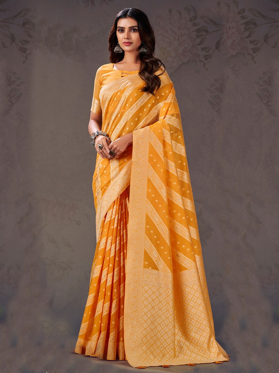 

Mitera Yellow Ethnic Motifs Woven Design Zari Banarasi Saree