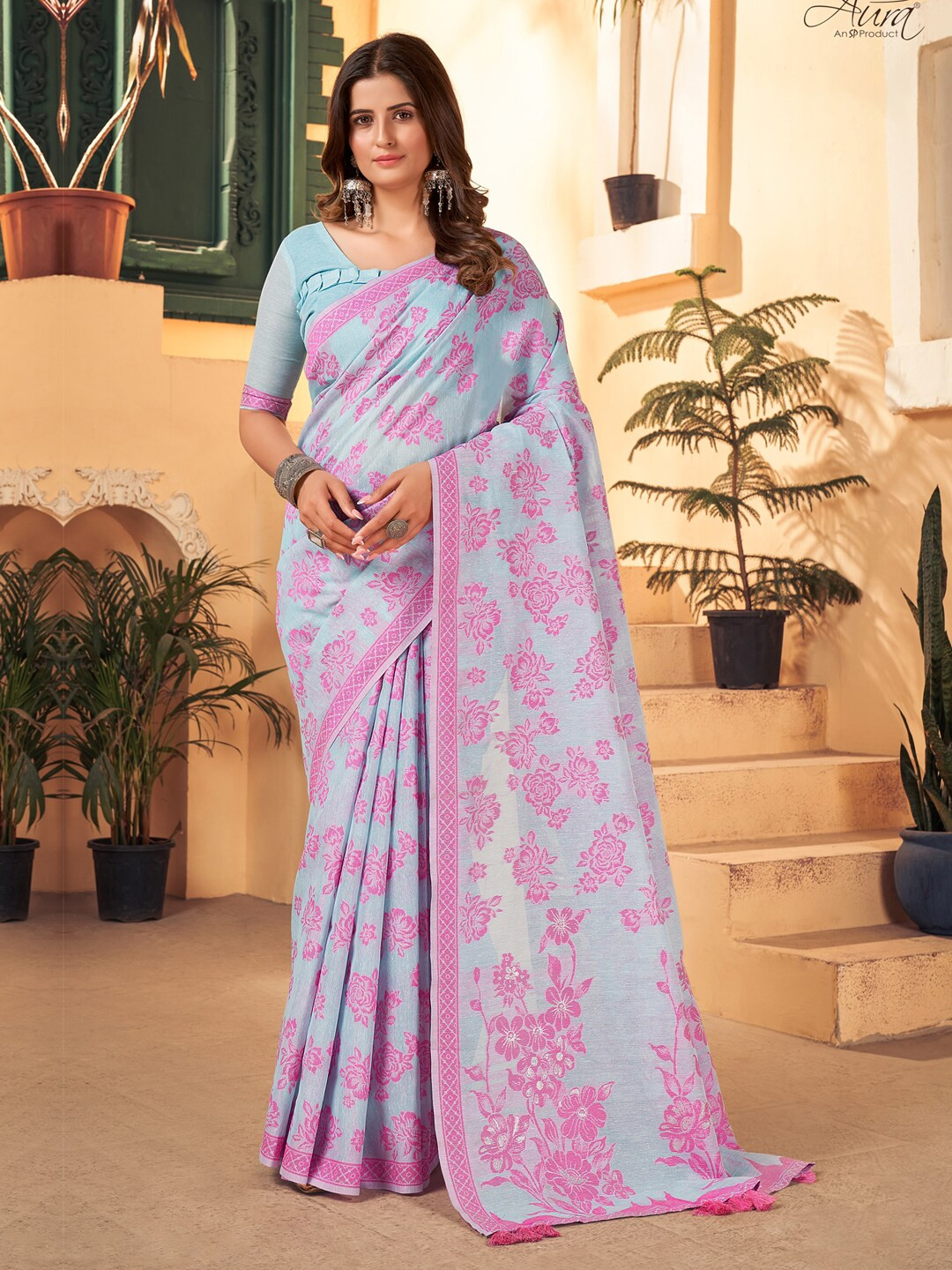

Mitera Blue & Pink Woven Design Banarasi Saree