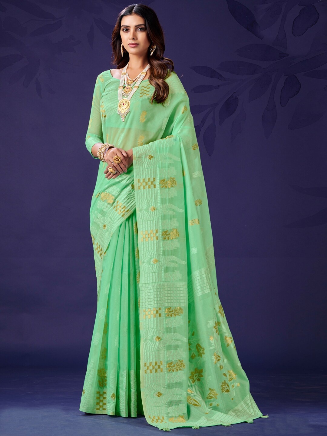 

Mitera Ethnic Motif Zari Banarasi Saree Blouse Piece, Sea green