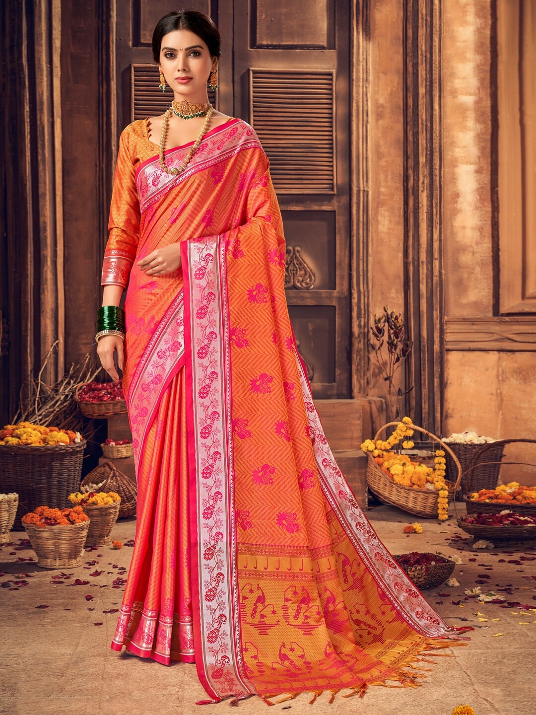 

Mitera Orange & Pink Ethnic Motifs Woven Design Zari Kanjeevaram Saree