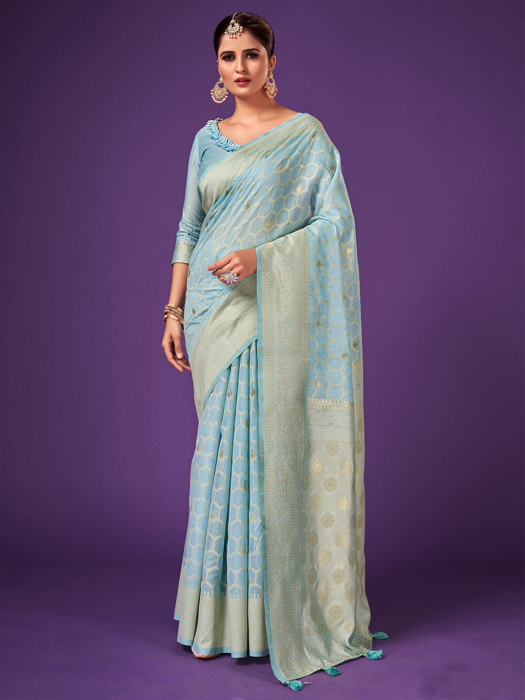

Mitera Blue Geometric Woven Design Zari Banarasi Saree