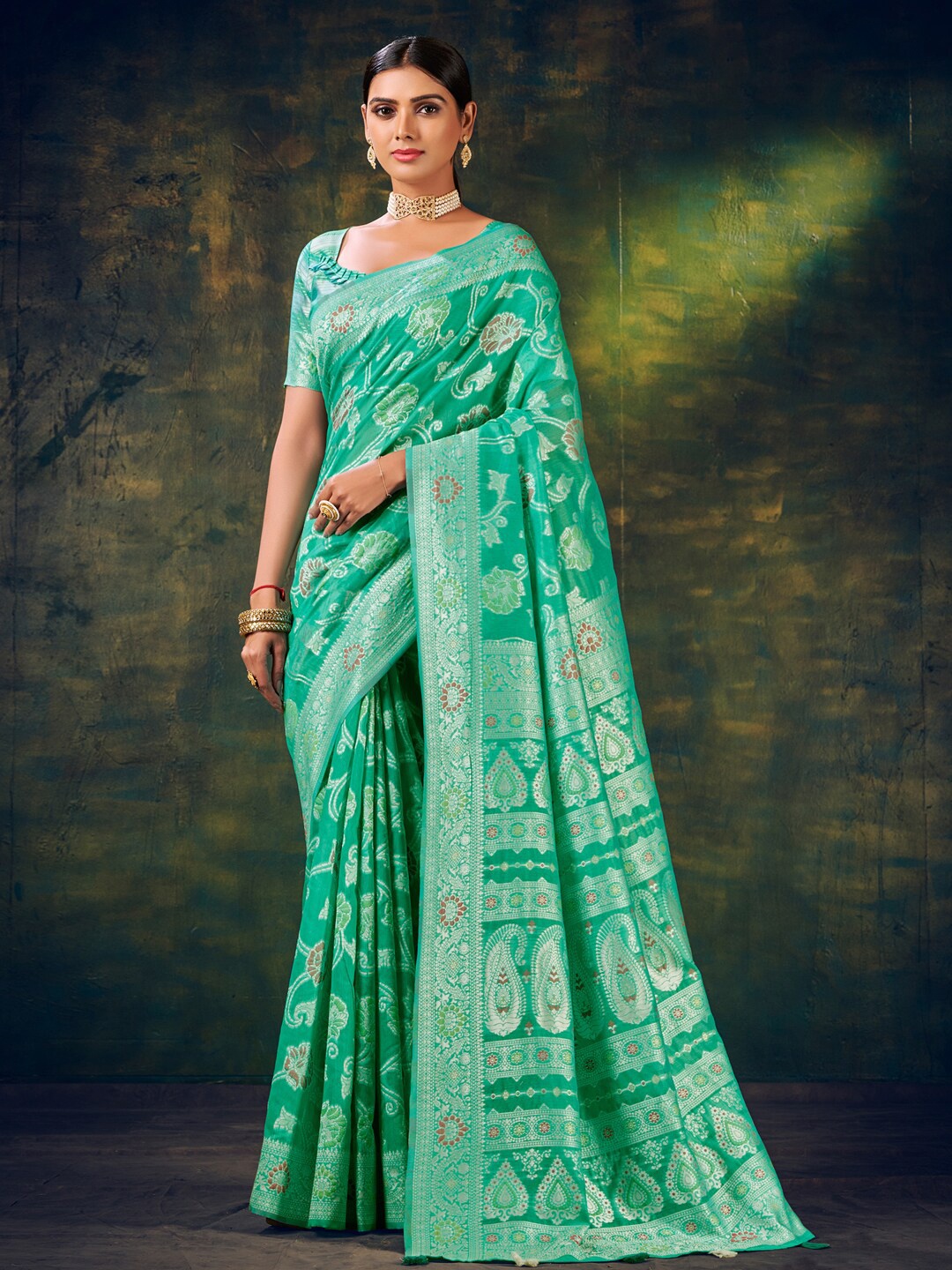 

Mitera Sea Green & Brown Ethnic Motifs Woven Design Zari Banarasi Saree