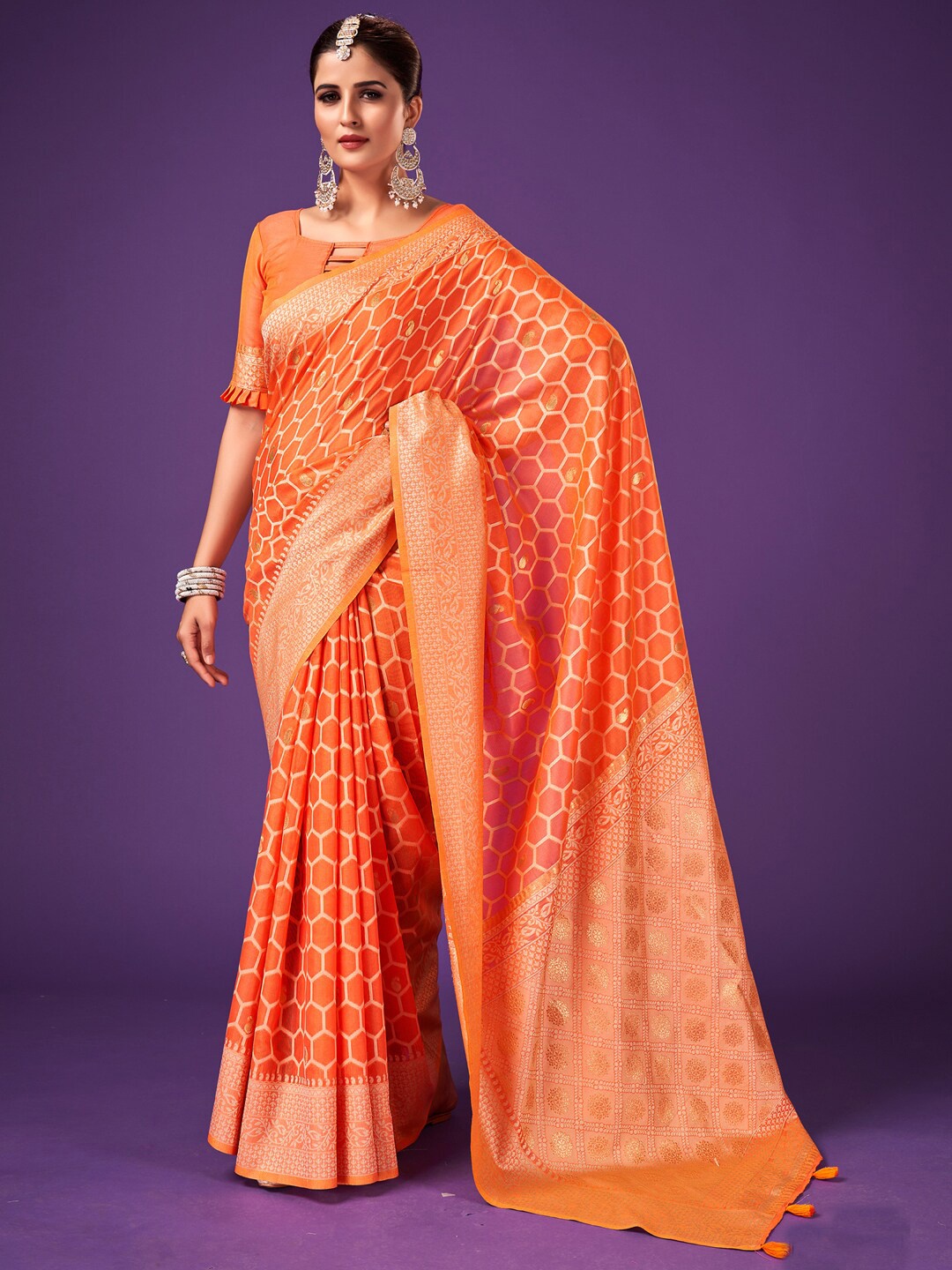 

Mitera Orange Geometric Woven Design Zari Banarasi Saree