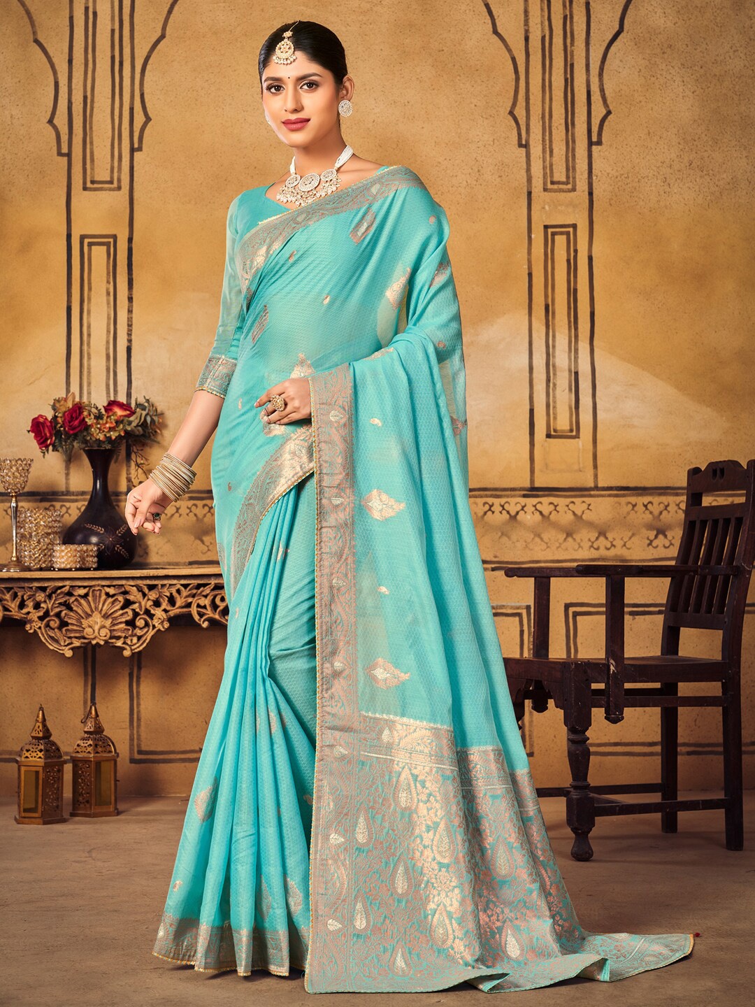 

Mitera Floral Printed Woven Design Zari Saree, Blue