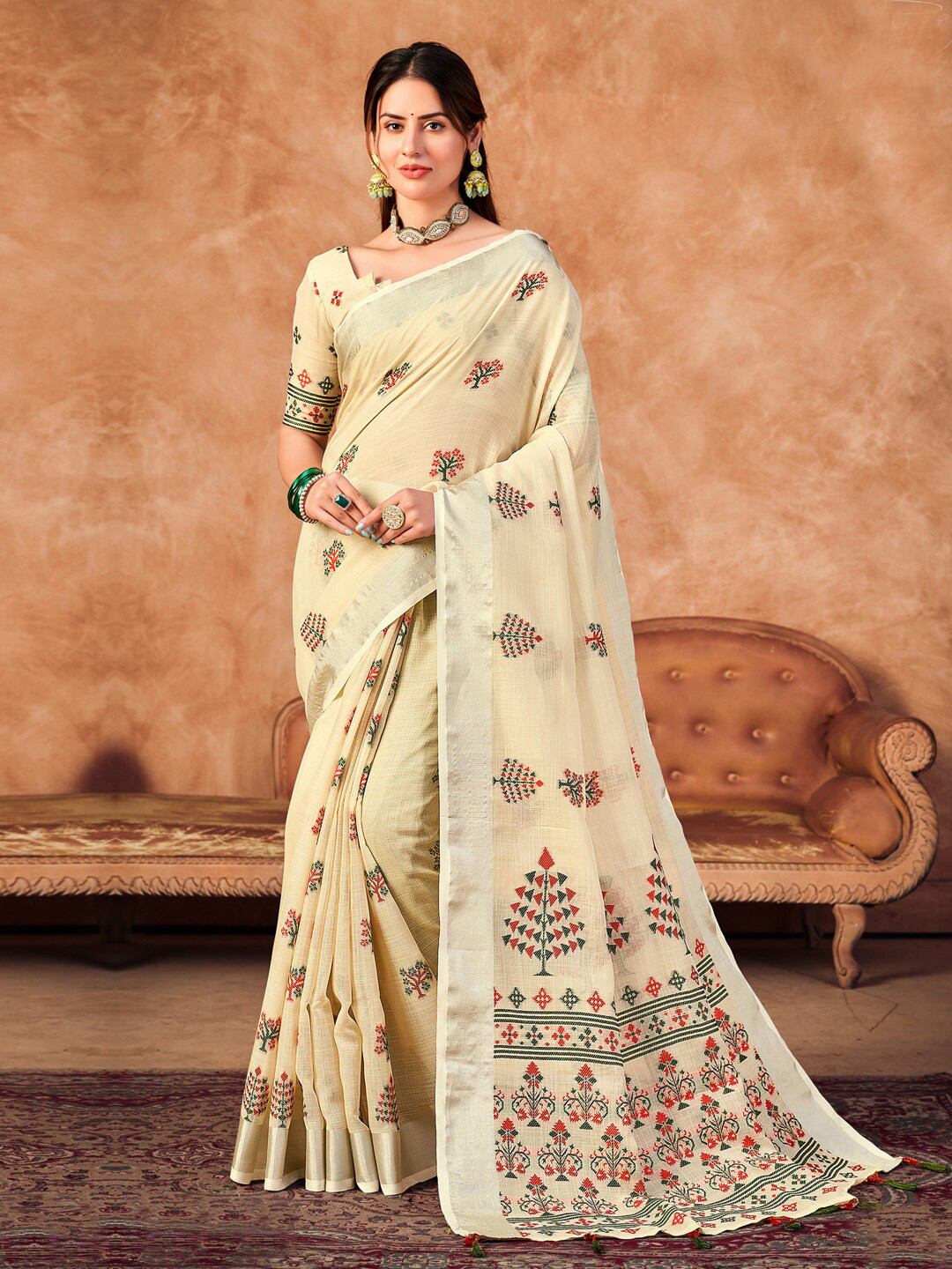 

Mitera Cream & Green Woven Design Zari Banarasi Saree