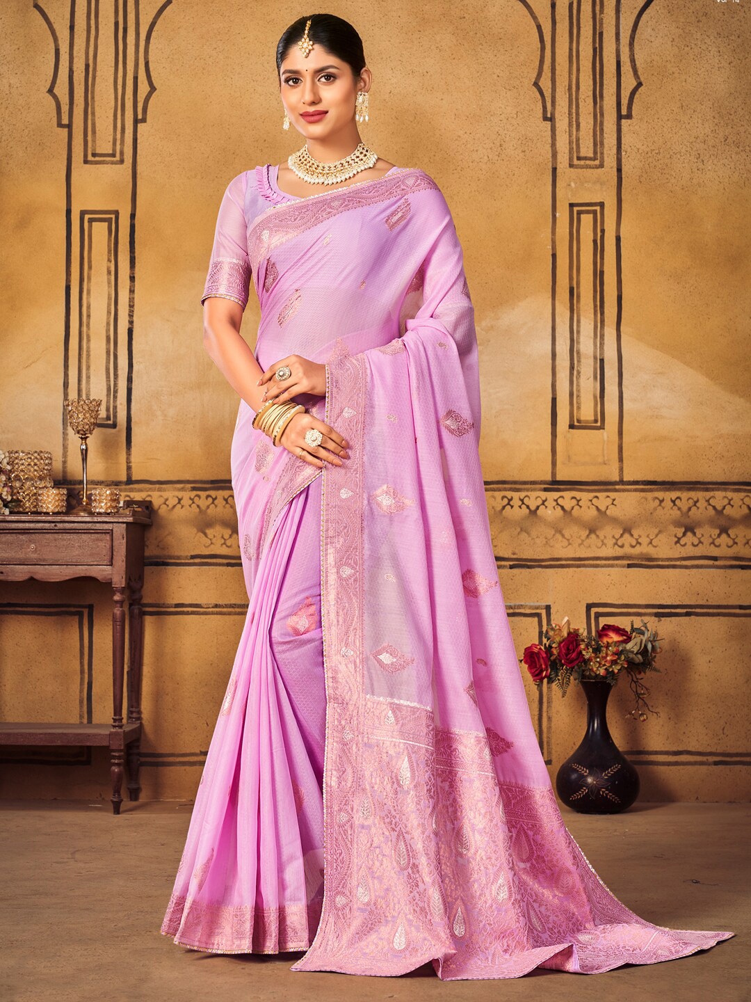 

Mitera Ethnic Motif Woven Design Zari Banarasi Saree, Lavender