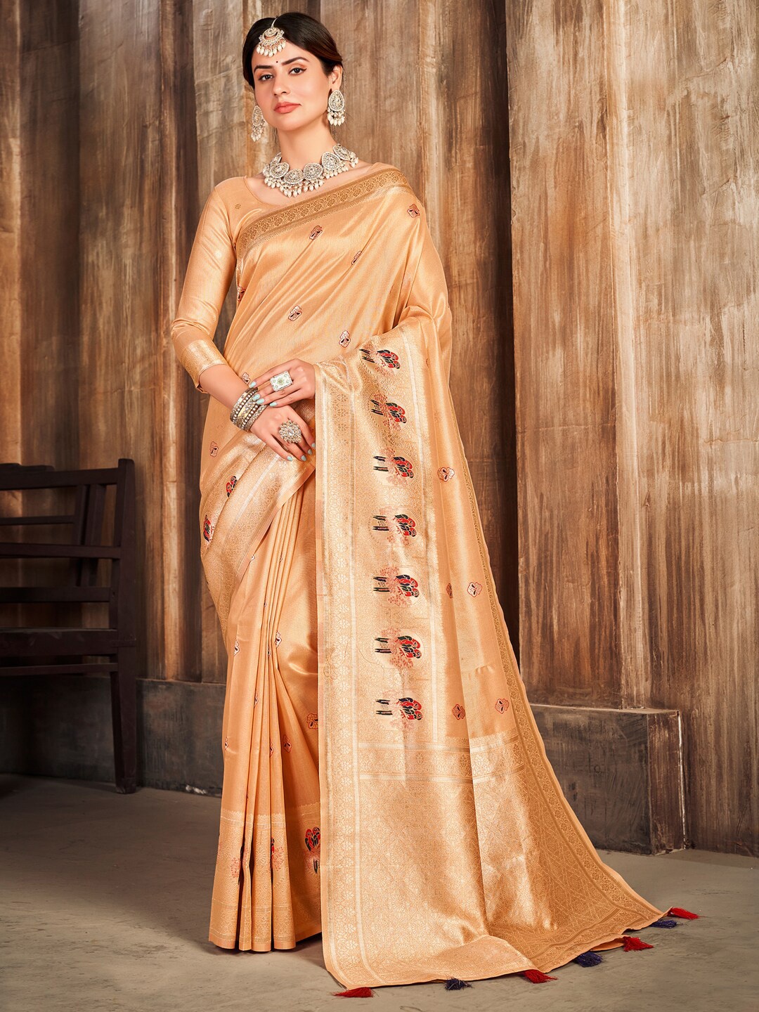 

Mitera Peach & Red Ethnic Motifs Woven Design Zari Kanjeevaram Saree