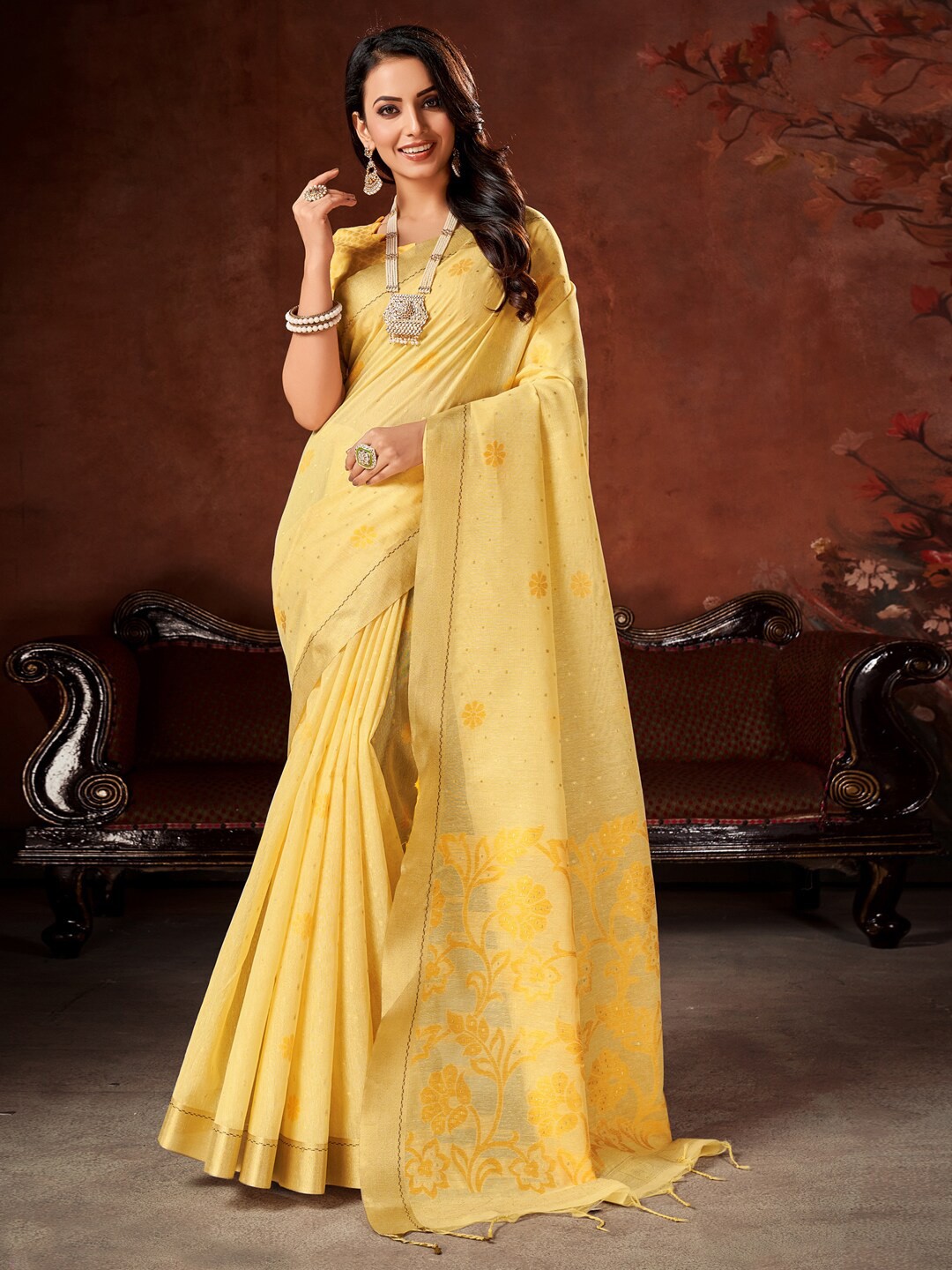 

Mitera Yellow Floral Woven Design Banarasi Saree