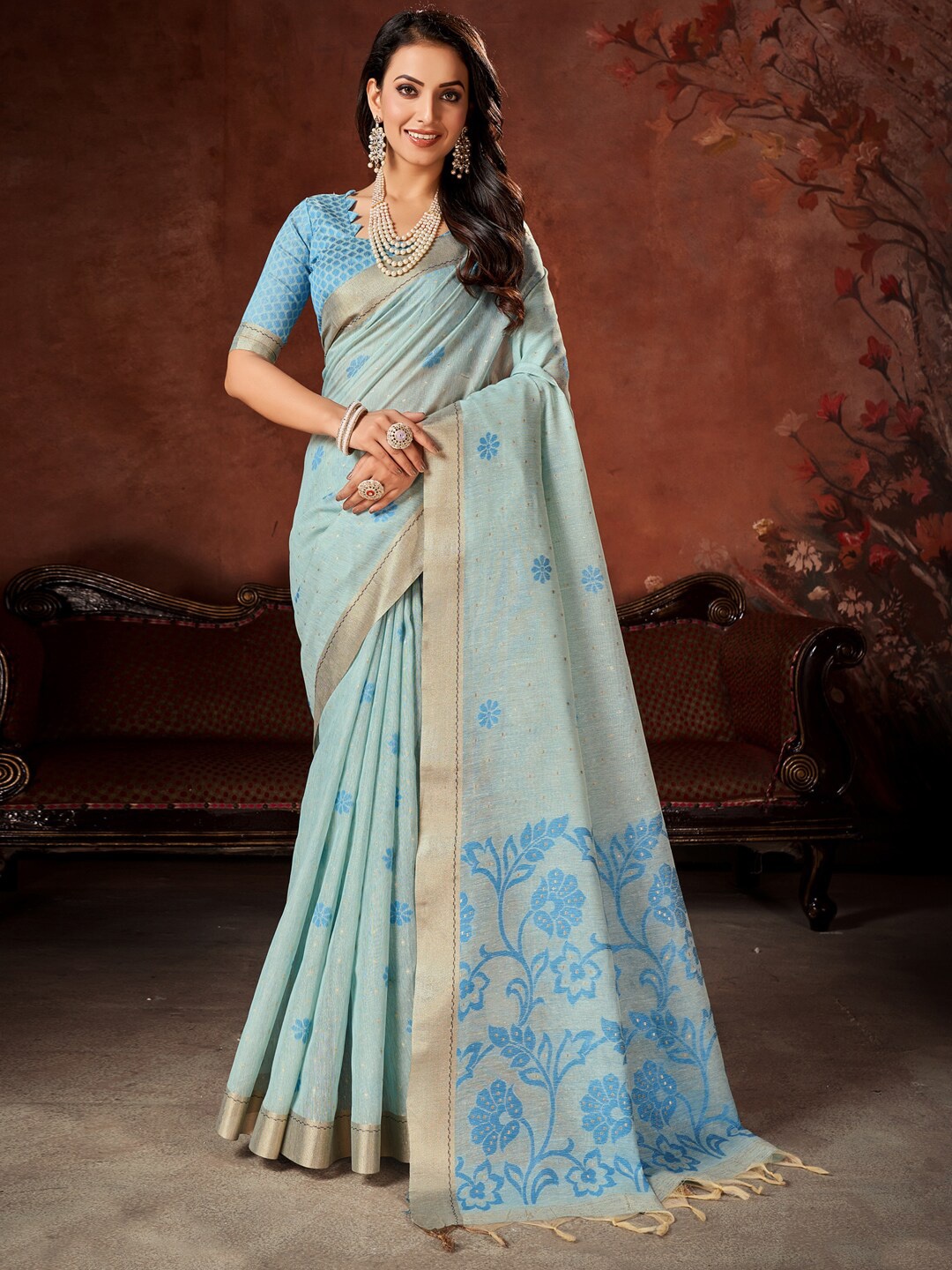 

Mitera Blue Floral Woven Design Banarasi Saree