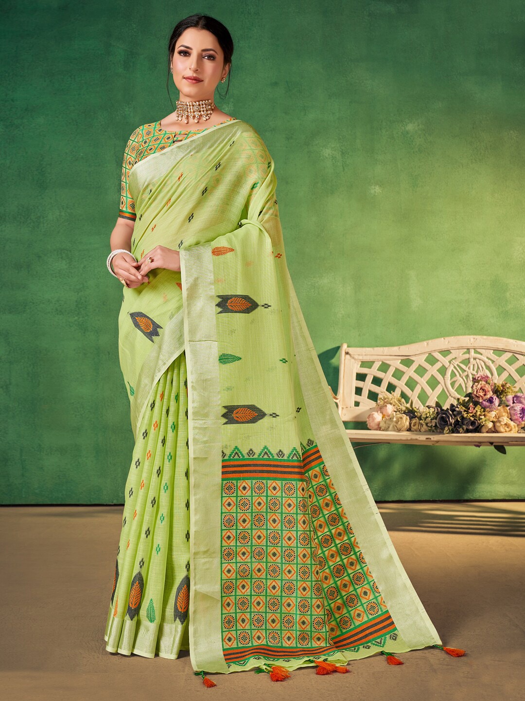 

Mitera Green & Orange Ethnic Motifs Woven Design Banarasi Saree